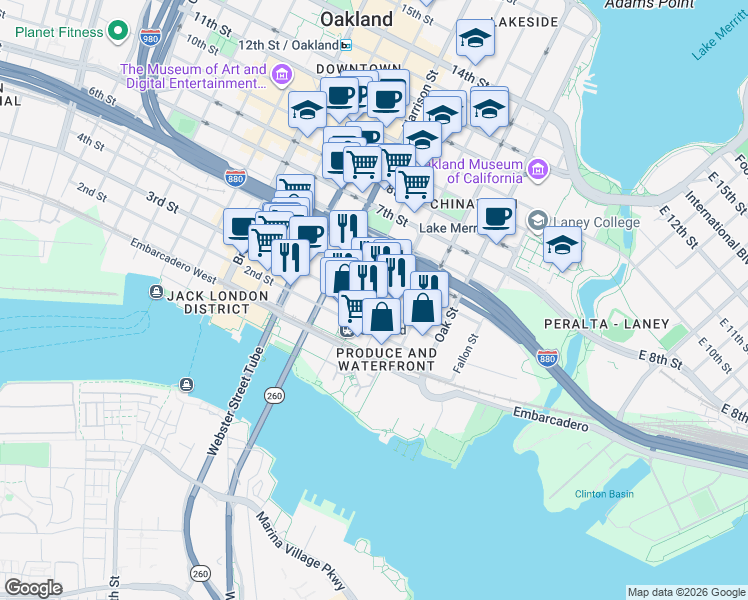 map of restaurants, bars, coffee shops, grocery stores, and more near 240 3rd Street in Oakland
