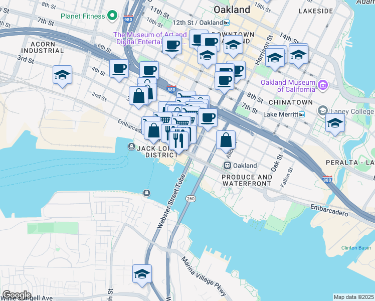 map of restaurants, bars, coffee shops, grocery stores, and more near 149 Franklin Street in Oakland