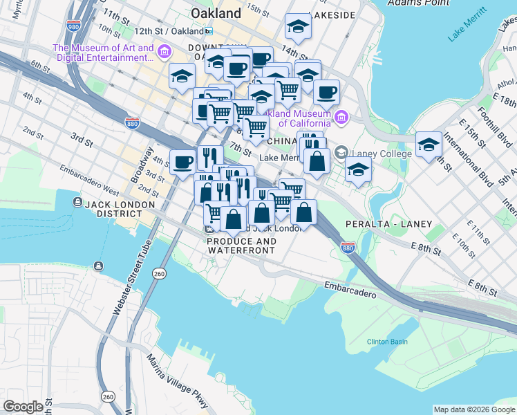 map of restaurants, bars, coffee shops, grocery stores, and more near 150 4th Street in Oakland