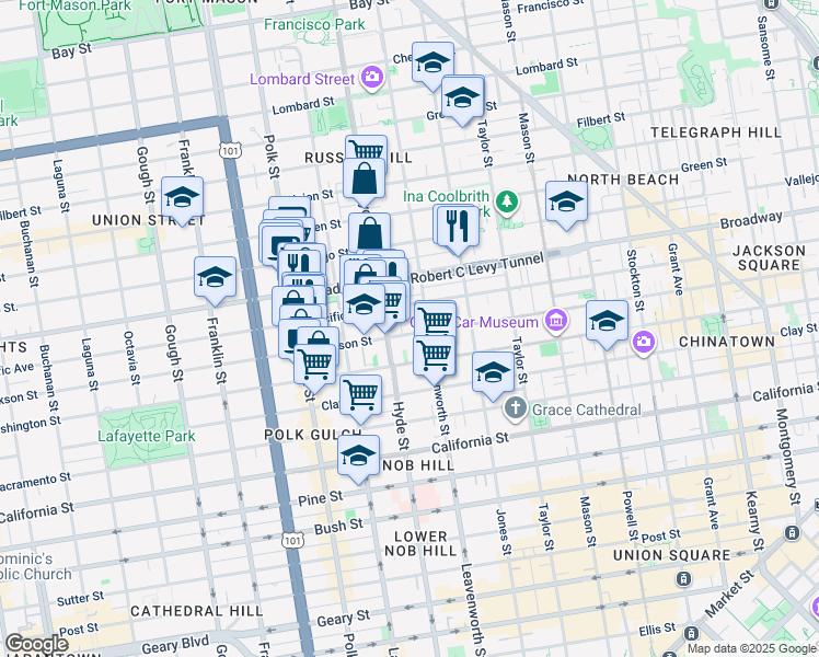 map of restaurants, bars, coffee shops, grocery stores, and more near 1387 Pacific Avenue in San Francisco