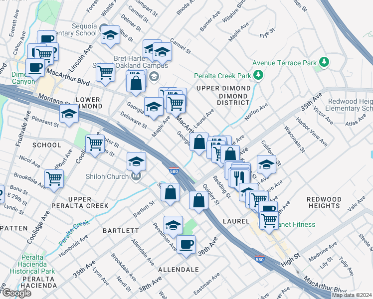 map of restaurants, bars, coffee shops, grocery stores, and more near 3228 Dakota Street in Oakland