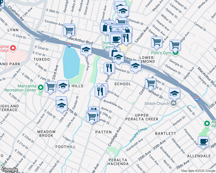map of restaurants, bars, coffee shops, grocery stores, and more near 2648 School Street in Oakland