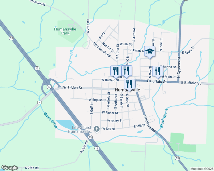 map of restaurants, bars, coffee shops, grocery stores, and more near 701-799 W Buffalo St in Humansville