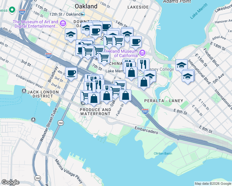 map of restaurants, bars, coffee shops, grocery stores, and more near 589 Oak Street in Oakland