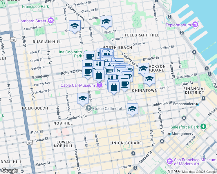 map of restaurants, bars, coffee shops, grocery stores, and more near 1016 Washington Street in San Francisco