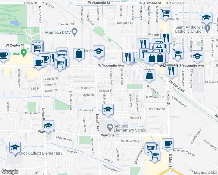 map of restaurants, bars, coffee shops, grocery stores, and more near 319 South Veach Avenue in Manteca