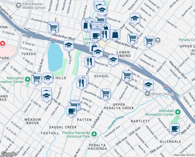 map of restaurants, bars, coffee shops, grocery stores, and more near 2739 School Street in Oakland