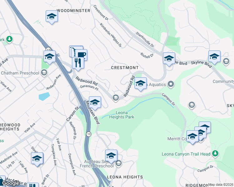 map of restaurants, bars, coffee shops, grocery stores, and more near 2 Sereno Circle in Oakland