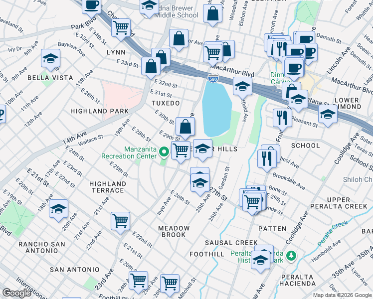 map of restaurants, bars, coffee shops, grocery stores, and more near in Oakland