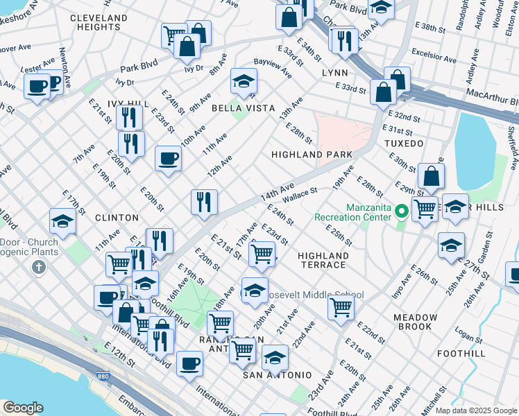 map of restaurants, bars, coffee shops, grocery stores, and more near 2405 14th Avenue in Oakland