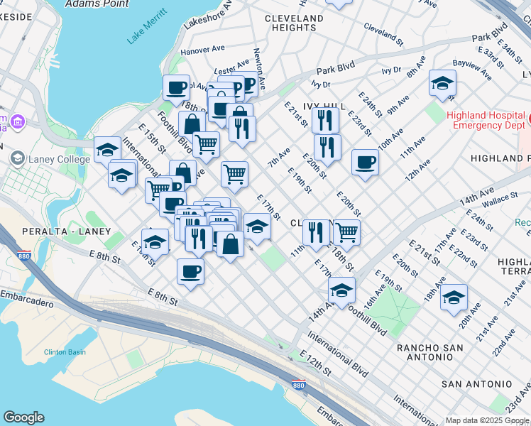 map of restaurants, bars, coffee shops, grocery stores, and more near 1650 8th Avenue in Oakland