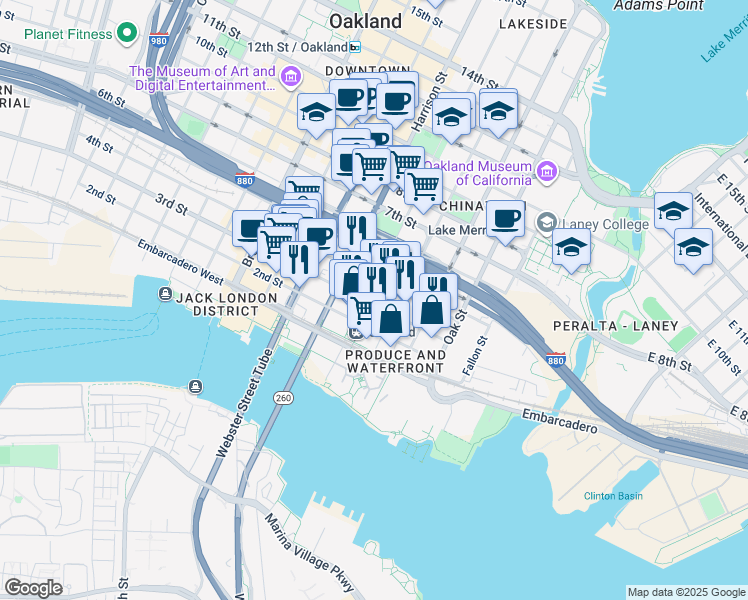 map of restaurants, bars, coffee shops, grocery stores, and more near 240 3rd Street in Oakland