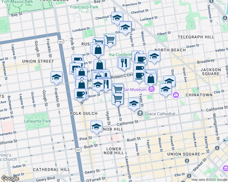 map of restaurants, bars, coffee shops, grocery stores, and more near in San Francisco