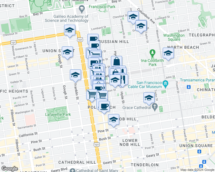 map of restaurants, bars, coffee shops, grocery stores, and more near in San Francisco
