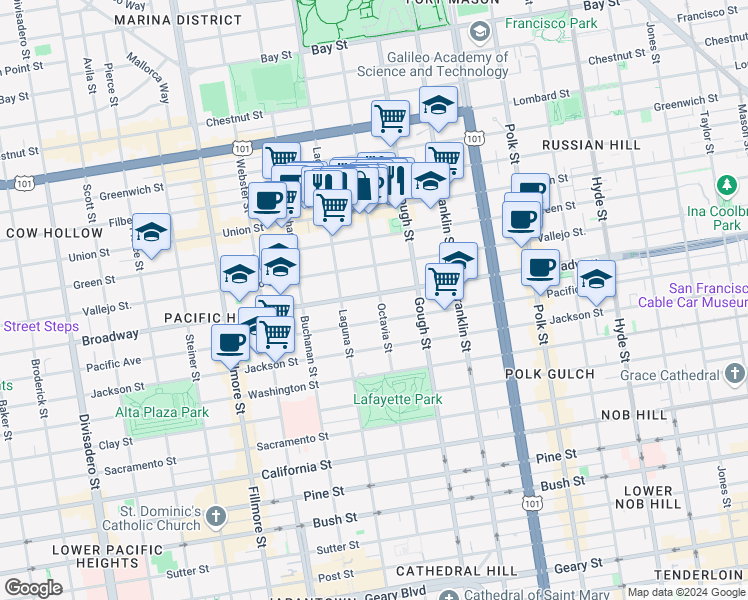 map of restaurants, bars, coffee shops, grocery stores, and more near 2511 Octavia Street in San Francisco