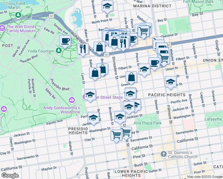 map of restaurants, bars, coffee shops, grocery stores, and more near 2720 Broderick Street in San Francisco