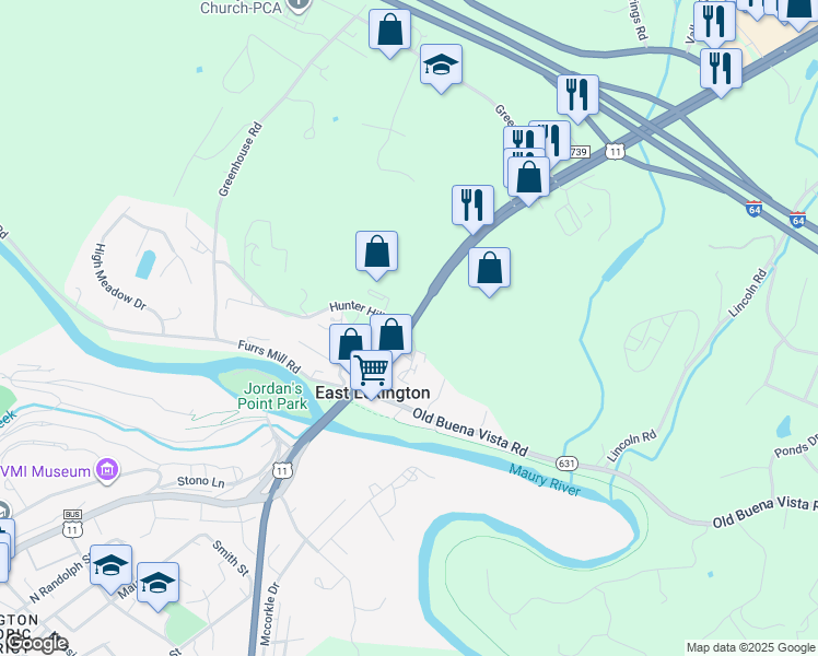 map of restaurants, bars, coffee shops, grocery stores, and more near 729 North Lee Highway in Lexington