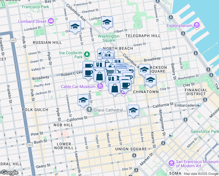 map of restaurants, bars, coffee shops, grocery stores, and more near 1016 Washington Street in San Francisco