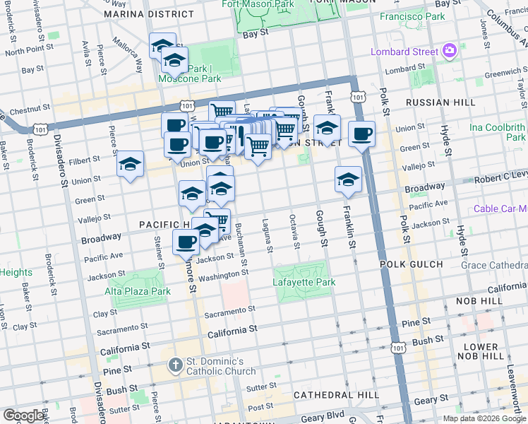 map of restaurants, bars, coffee shops, grocery stores, and more near Broadway & Laguna St in San Francisco