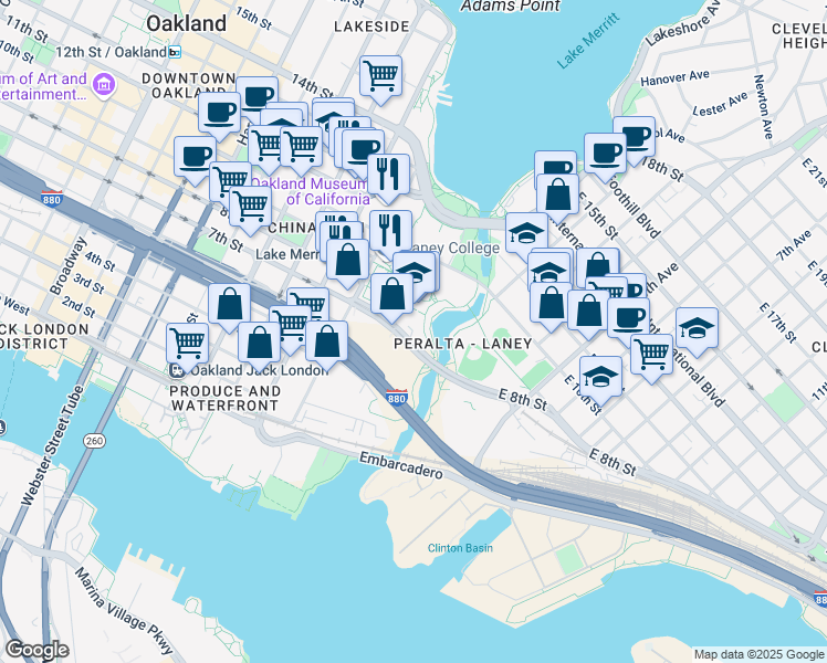 map of restaurants, bars, coffee shops, grocery stores, and more near 26-34 7th Street in Oakland