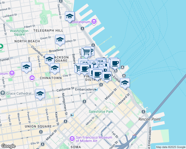 map of restaurants, bars, coffee shops, grocery stores, and more near Embarcadero Center in San Francisco