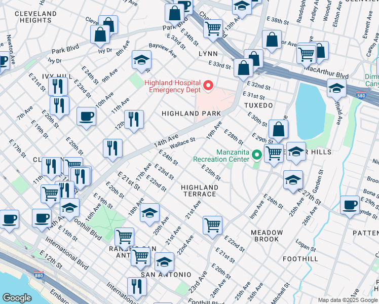 map of restaurants, bars, coffee shops, grocery stores, and more near 1860 East 25th Street in Oakland