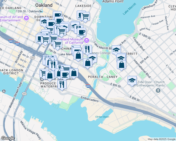 map of restaurants, bars, coffee shops, grocery stores, and more near 900 Fallon Street in Oakland