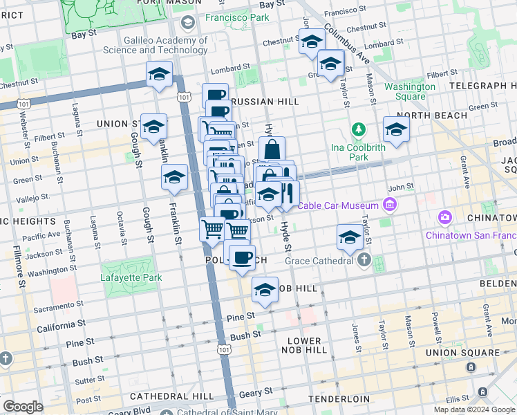 map of restaurants, bars, coffee shops, grocery stores, and more near in San Francisco