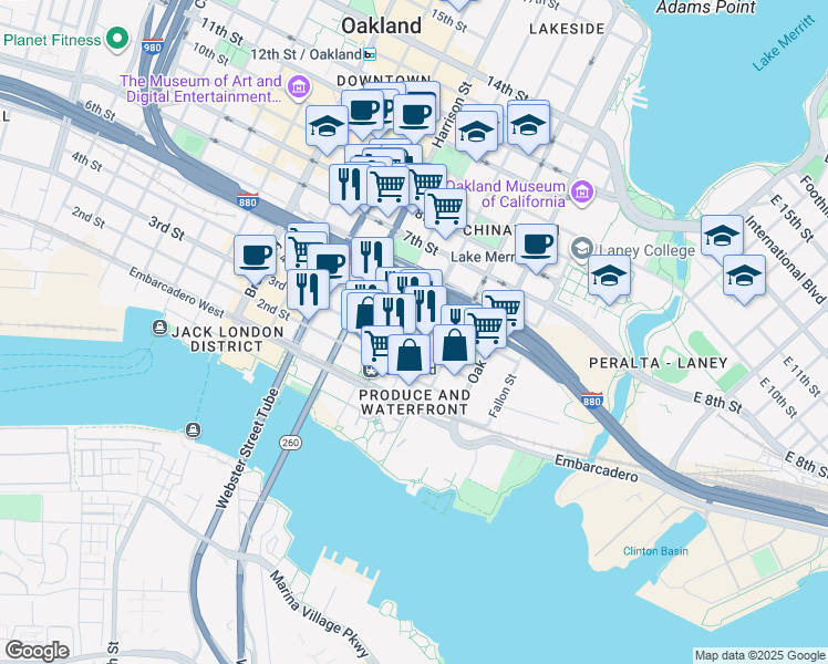 map of restaurants, bars, coffee shops, grocery stores, and more near in Oakland