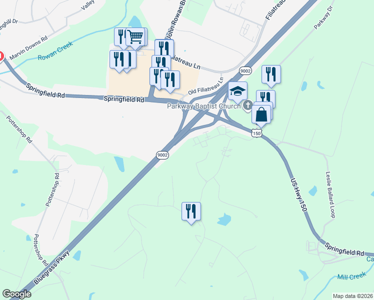 map of restaurants, bars, coffee shops, grocery stores, and more near 114 Cr-1612 in Bardstown