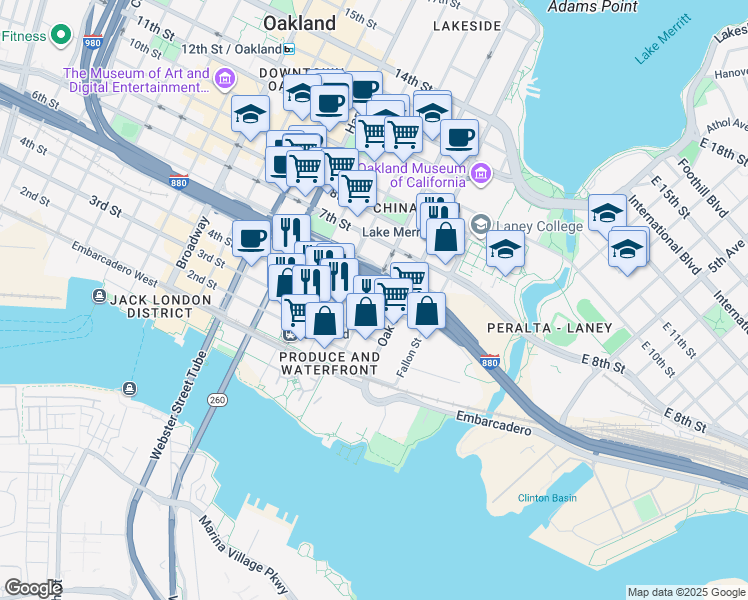map of restaurants, bars, coffee shops, grocery stores, and more near 412 Madison Street in Oakland
