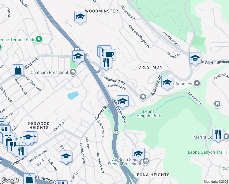 map of restaurants, bars, coffee shops, grocery stores, and more near 4664 Geranium Place in Oakland