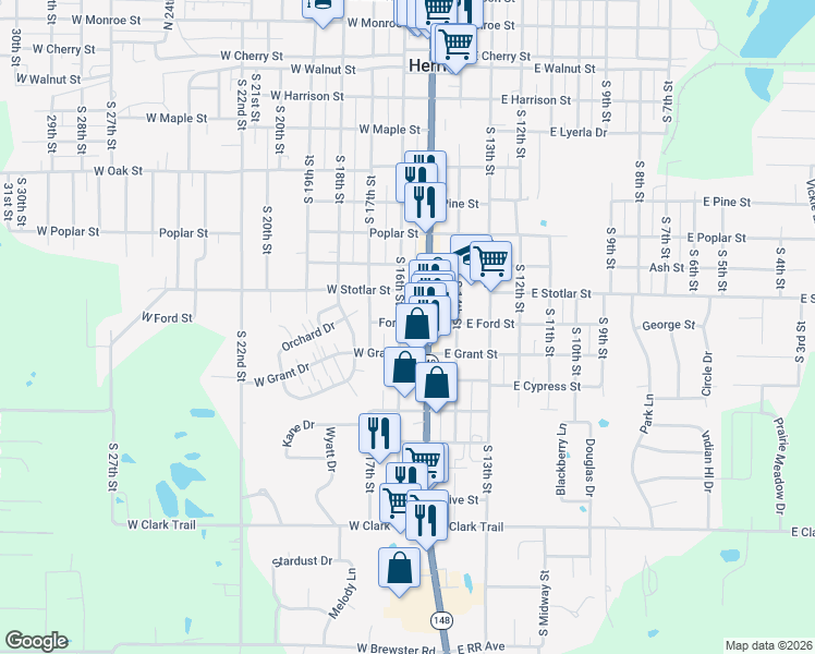 map of restaurants, bars, coffee shops, grocery stores, and more near 900 South 16th Street in Herrin