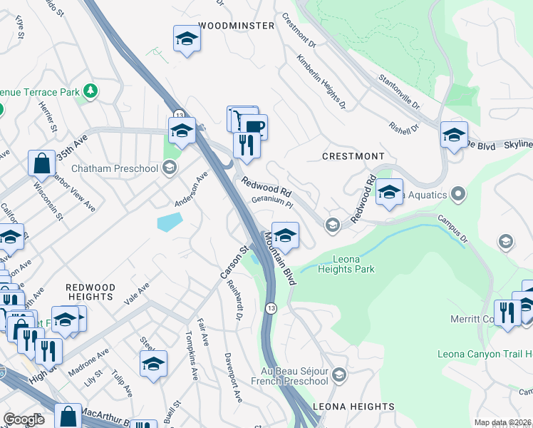 map of restaurants, bars, coffee shops, grocery stores, and more near 4628 Fieldbrook Road in Oakland