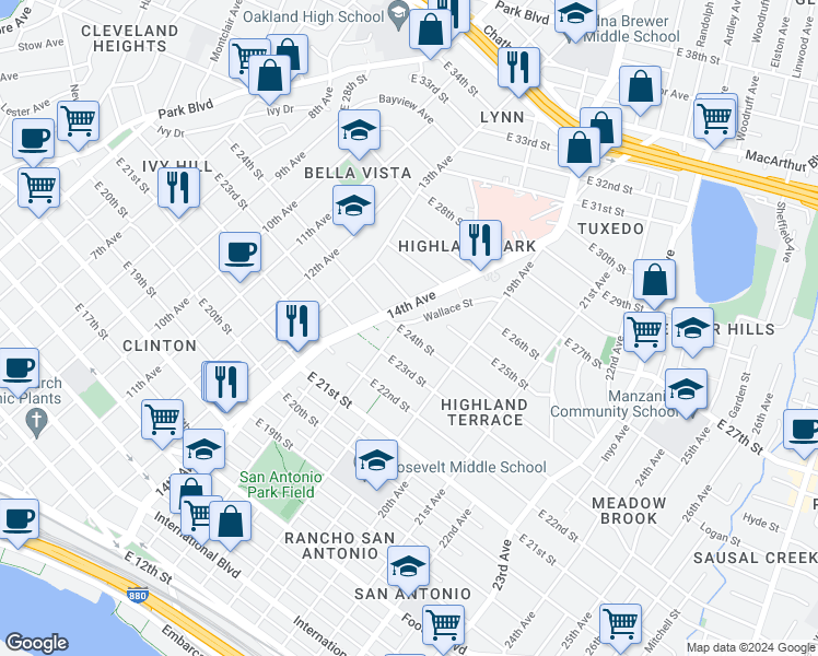 map of restaurants, bars, coffee shops, grocery stores, and more near 1710 East 24th Street in Oakland