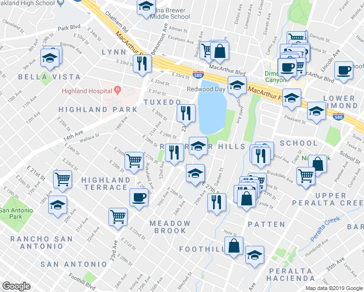 map of restaurants, bars, coffee shops, grocery stores, and more near 2830 23rd Avenue in Oakland