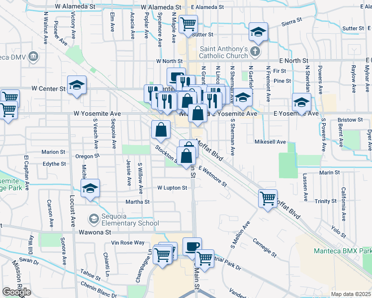 map of restaurants, bars, coffee shops, grocery stores, and more near 234 South Main Street in Manteca