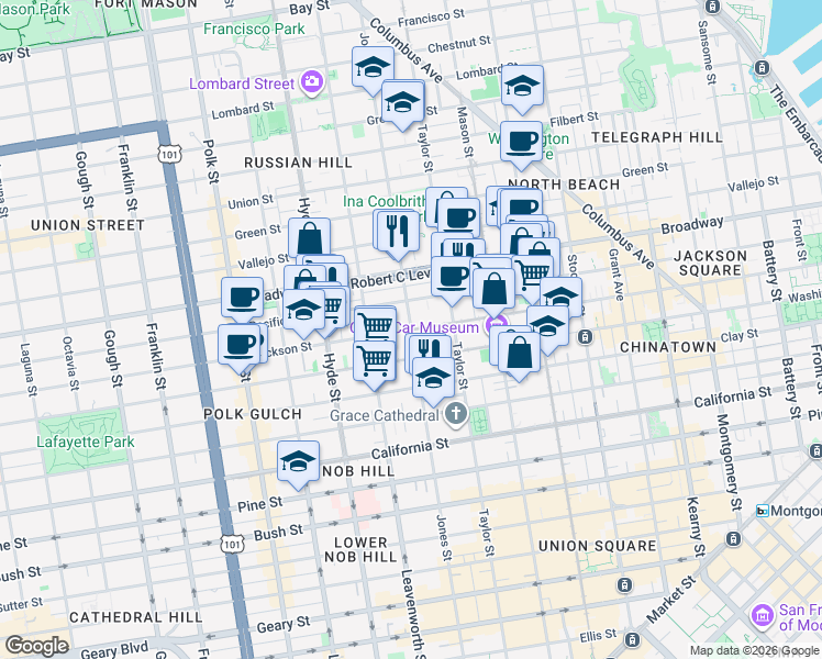 map of restaurants, bars, coffee shops, grocery stores, and more near Jackson St & Jones St in San Francisco