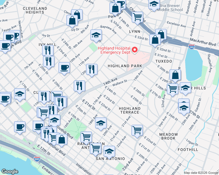 map of restaurants, bars, coffee shops, grocery stores, and more near 1710 East 24th Street in Oakland