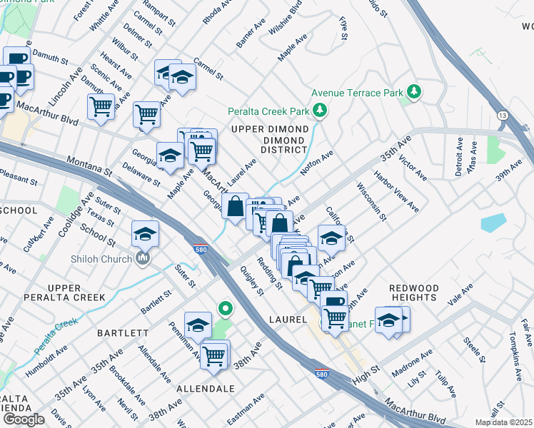 map of restaurants, bars, coffee shops, grocery stores, and more near 3331 Kansas Street in Oakland