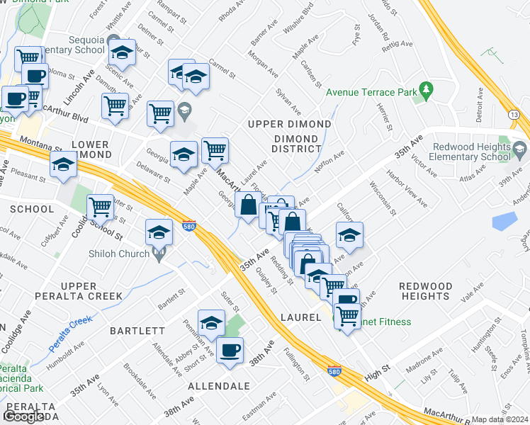 map of restaurants, bars, coffee shops, grocery stores, and more near 3300 MacArthur Boulevard in Oakland