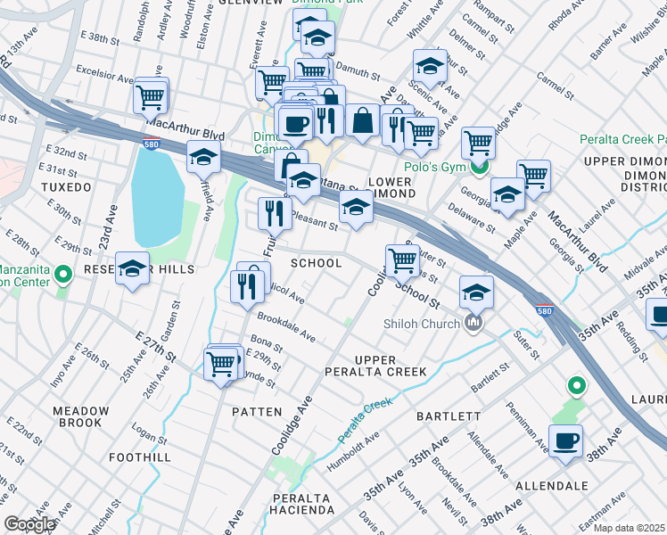 map of restaurants, bars, coffee shops, grocery stores, and more near 2845 School Street in Oakland