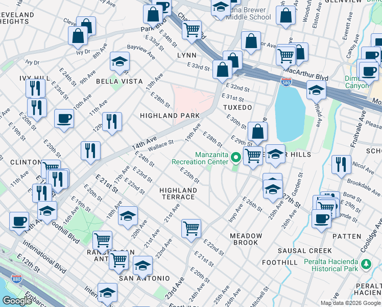map of restaurants, bars, coffee shops, grocery stores, and more near 2624 19th Avenue in Oakland