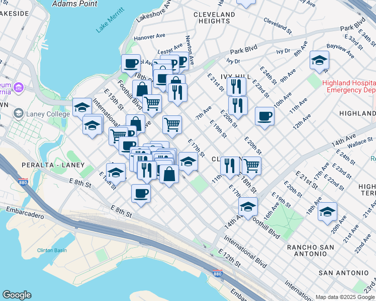 map of restaurants, bars, coffee shops, grocery stores, and more near 1650 8th Avenue in Oakland