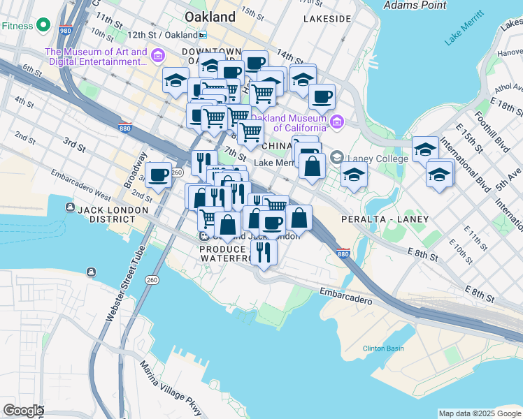 map of restaurants, bars, coffee shops, grocery stores, and more near in Oakland