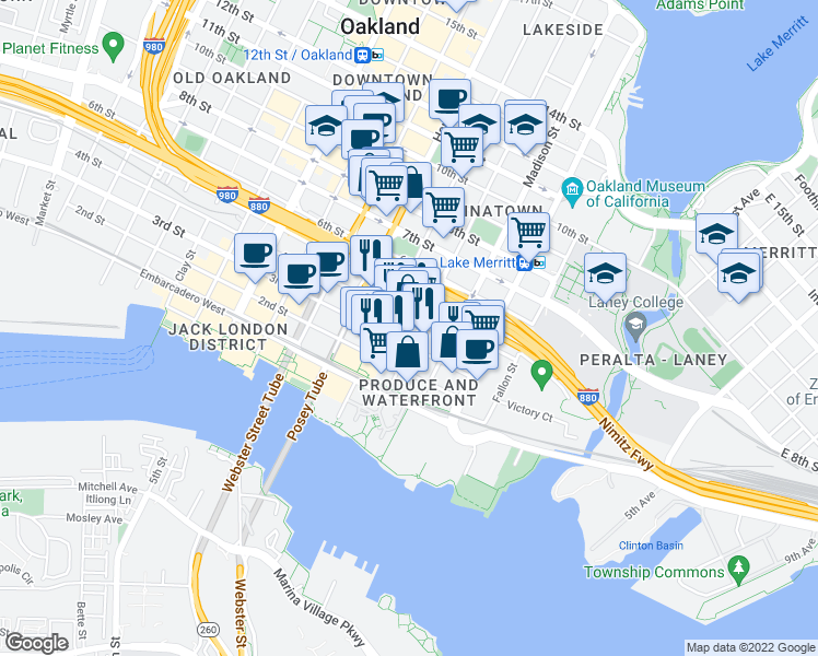 map of restaurants, bars, coffee shops, grocery stores, and more near in Oakland