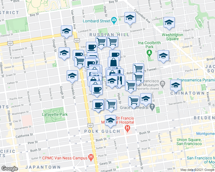 map of restaurants, bars, coffee shops, grocery stores, and more near in San Francisco
