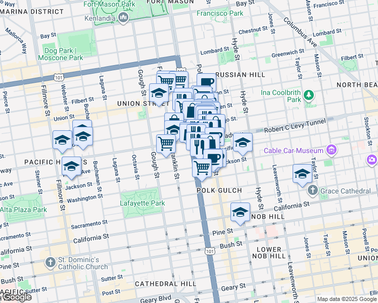 map of restaurants, bars, coffee shops, grocery stores, and more near 2151 U.S. 101 in San Francisco