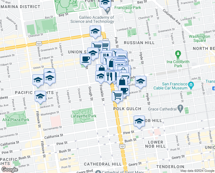 map of restaurants, bars, coffee shops, grocery stores, and more near 2151 U.S. 101 in San Francisco