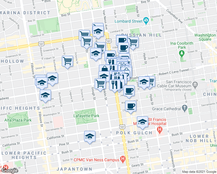 map of restaurants, bars, coffee shops, grocery stores, and more near 2151 U.S. 101 in San Francisco